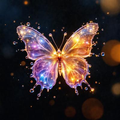 The primary subject of the image is a butterfly, which is the main object, scene, or focus of the image. The butterfly is depicted in a digital art style, with a purple and yellow color scheme. The setting or background of the image is a dark, starry night, which adds to the overall atmosphere of the scene.